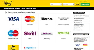 Imagen de los métodos de pago permitidos en el casino Interwetten: Visa, MasterCard, Maestro, Paysafecard, Neteller, Skrill, Transferencia bancaria.